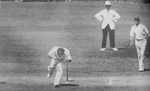 Bert Oldfield is struck in the head by a delivery from English fast bowler Harold Larwood in the 3rd Bodyline Test match in Adelaide, Australia, 1933.