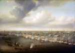 Battle of Copenhagen, by Nicholas Pocock. Nelson's fleet exchanges fire with the Danes, with the city of Copenhagen in the background