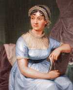 Rather stiff 1873 re-engraving (colorized later) of the Memoir portrait, based on one drawn by her sister Cassandra Austen