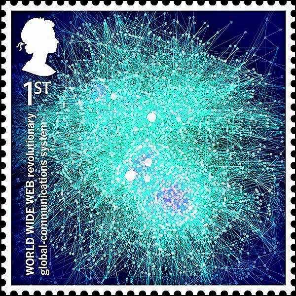 A Royal Mail stamp celebrating the World Wide Web. It says 'Revolutionary Global Communications System'