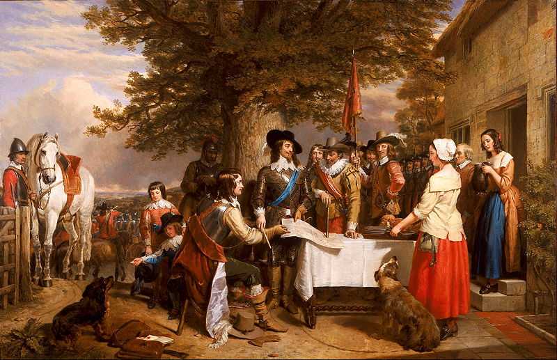 King Charles I stands centre wearing the blue sash of the Order of the Garter; Prince Rupert of the Rhine is sat next to him and Lord Lindsey stands next to the king resting his commander's baton against the map.