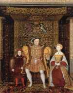Jane Seymour became Henry's third wife, pictured at right with Henry and the young Prince Edward, c. 1545, by an unknown artist.