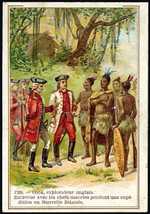 Chromolithographic advertising card for a Lille chicory manufacturer shows Captain James Cook dressed in red with white overcoat and tall black boots, sword at his side, with a group of Maori dressed in native garb with oval shield and cape.