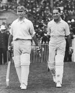 Hobbs (left) and Sutcliffe opening the batting in Melbourne, Australia, during the second Test in February 1925