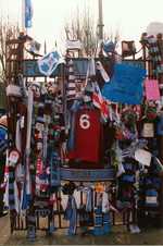 Tributes to Bobby Moore outside The Boleyn Ground before the home game v Wolverhampton Wanderers, 6 March, 1993 - the 1st home game after his death.