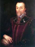 Sir Francis Drake resting his hand on a globe.