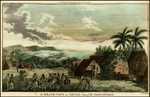 A hand-coloured lithograph depicting a village visited by Captain James Cook near Waimea, Kauai, in the Sandwich Islands (now known as the Hawaiian Islands)