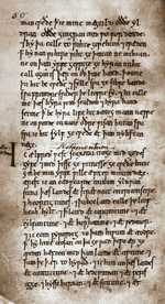 Page from the will of Alfred the Great. The top part, above the 'I', describes the Witan's support of his case against his nephews. The will proper starts below the 'I'.