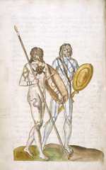 Drawing of two Celtic Britons (c. 1574); one with tattoos, and carrying a spear and shield; the other painted with woad, and carrying a sword and round shield
