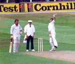 Dickie Bird Counting up to six. Standing in the Test Match. England v. NZ at Trent Bridge. The batsman standing at the non-striker's end is Ian Botham. (© Stanley Howe, CC BY-SA 2.0)