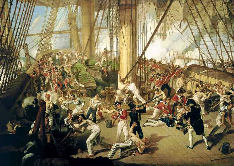 Nelson is shot on the quarterdeck, painted by Denis Dighton, c. 1825