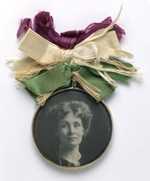 Portrait badge of Emmeline Pankhurst – c. 1909 – Sold in large numbers by the WSPU to raise funds for its cause – Museum of London